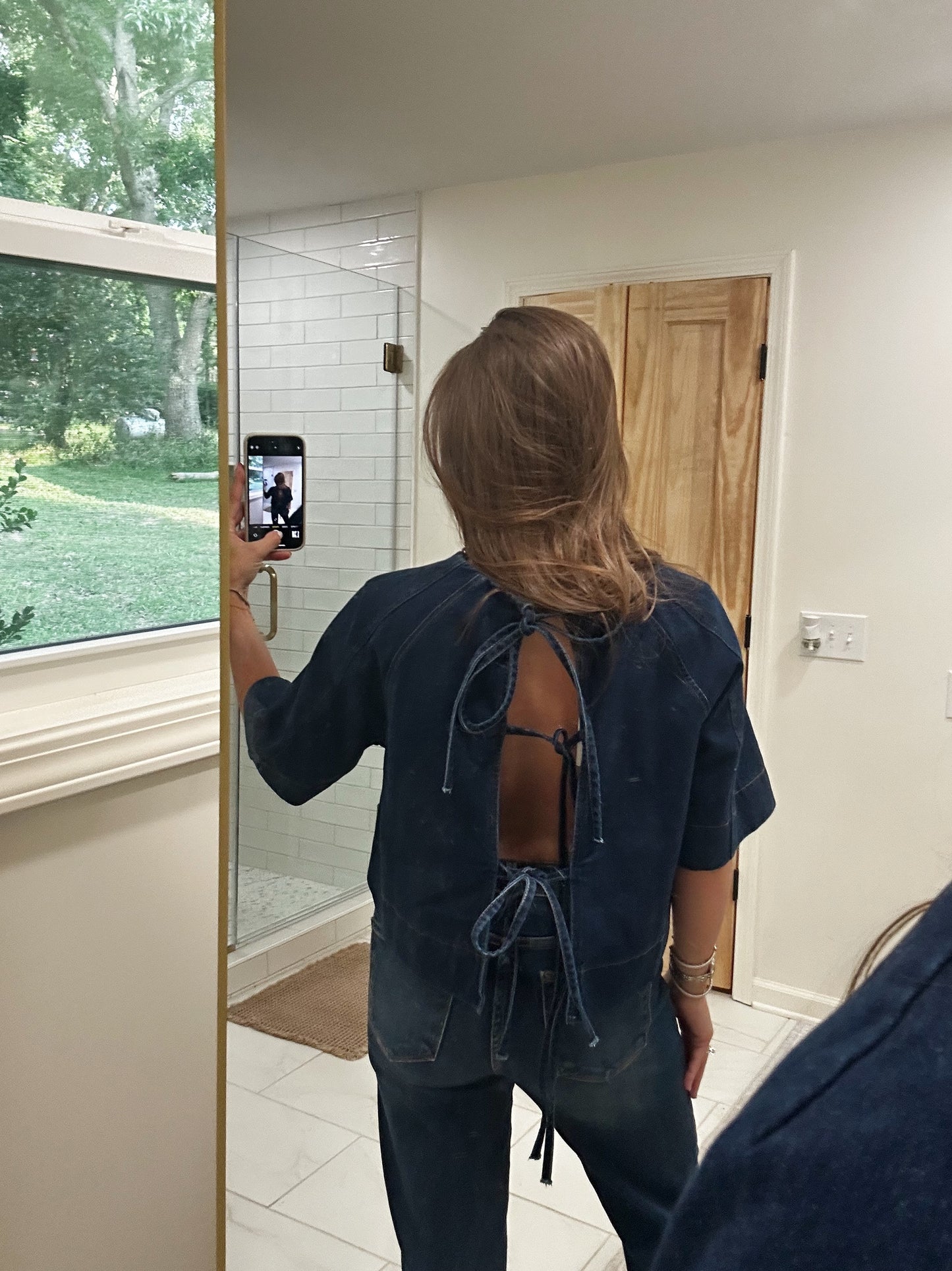 Denim Top with Open Tied Back Detail