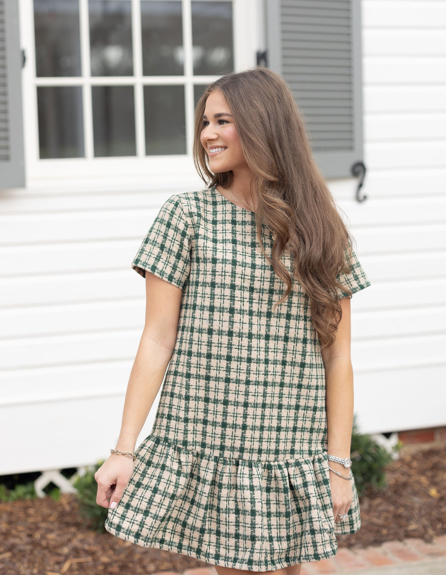 Plaid Tweed Mini Dress - Green