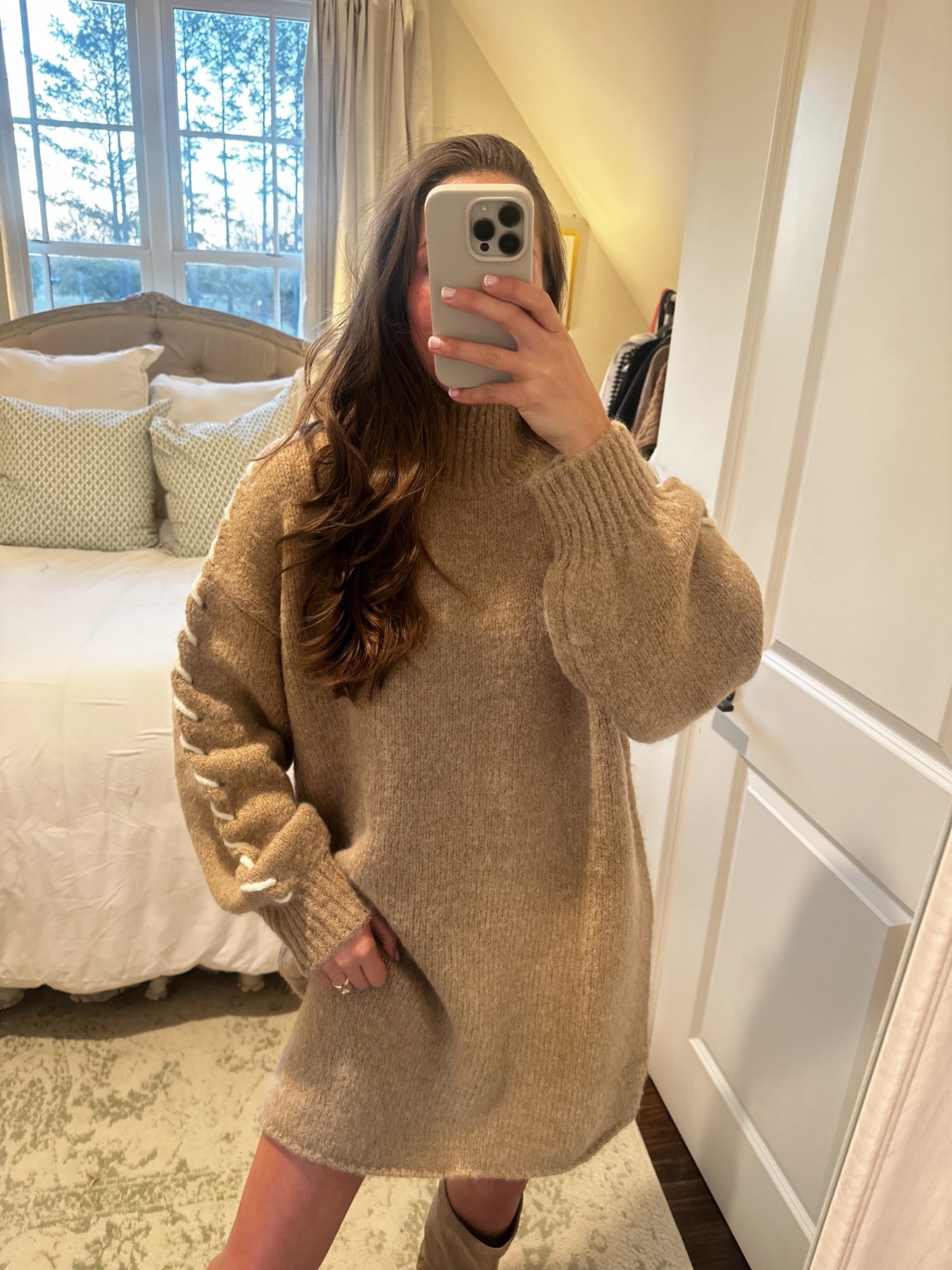 Mock Neck Stitch Detail Sweater Dress