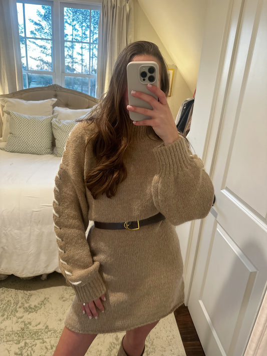 Mock Neck Stitch Detail Sweater Dress