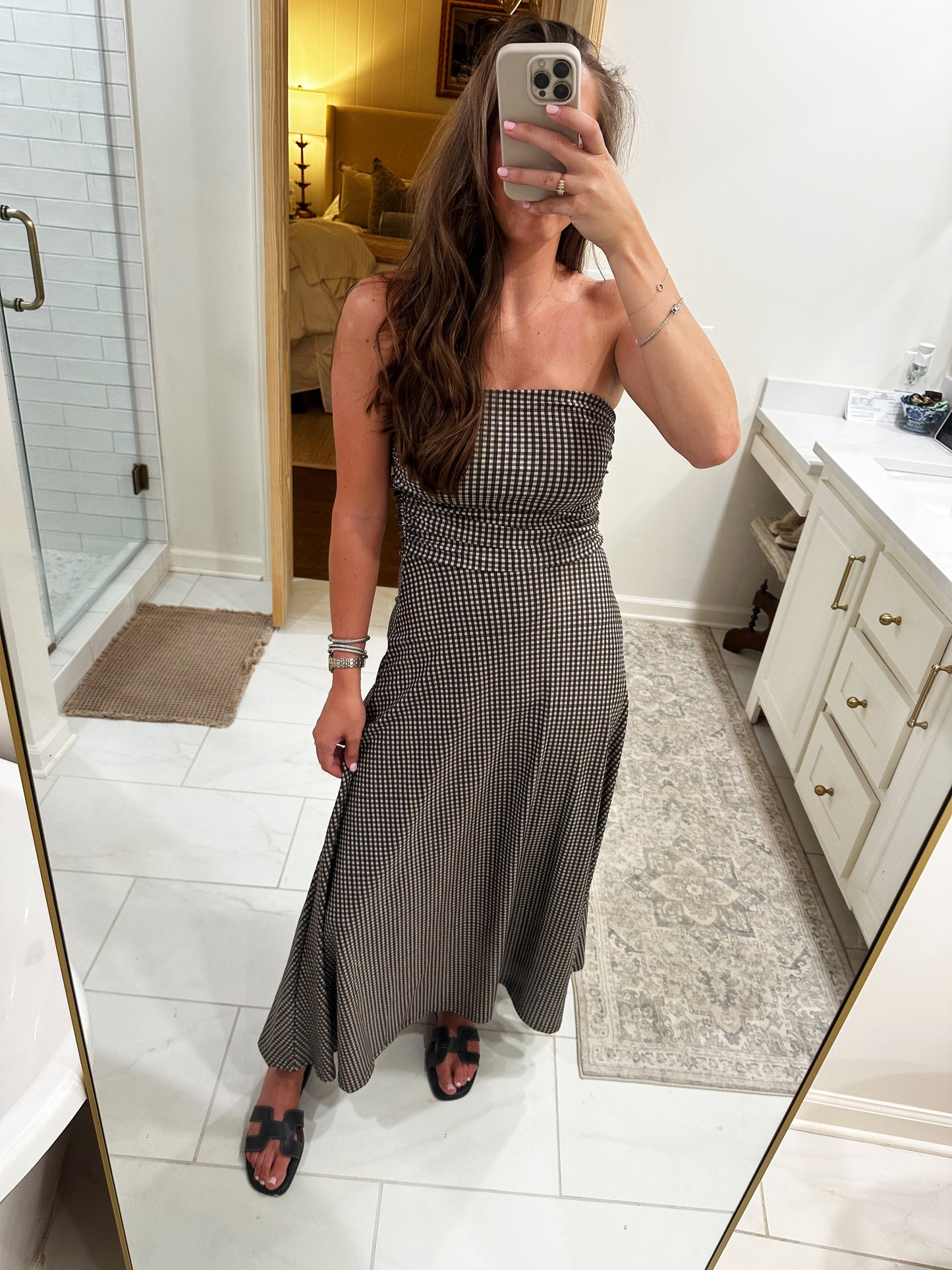 Gingham Strapless Midi Dress - Black/Beige
