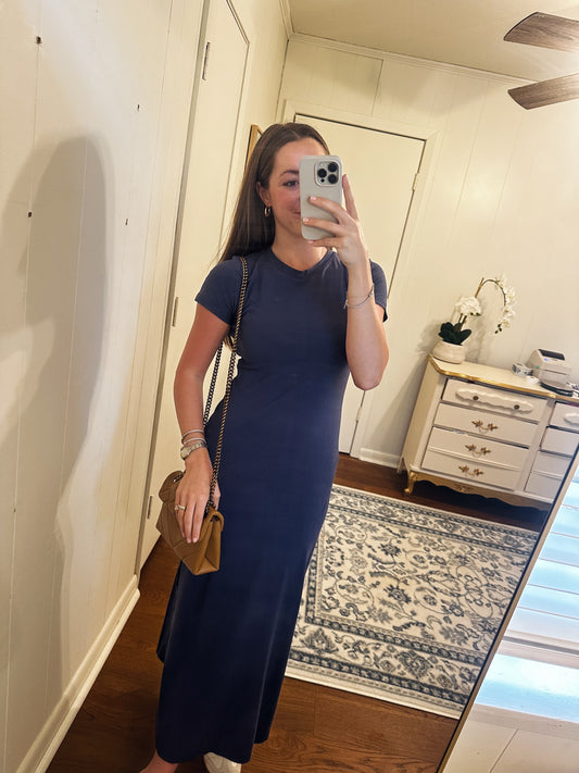 Basic Stretch Jersey Midi Dress - Navy