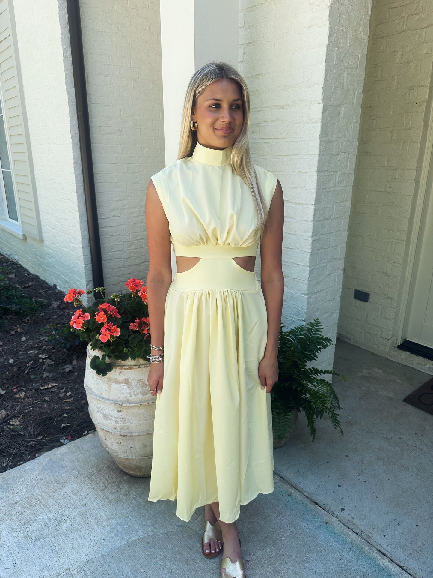 Cutout Mock Neck Dress - Yellow