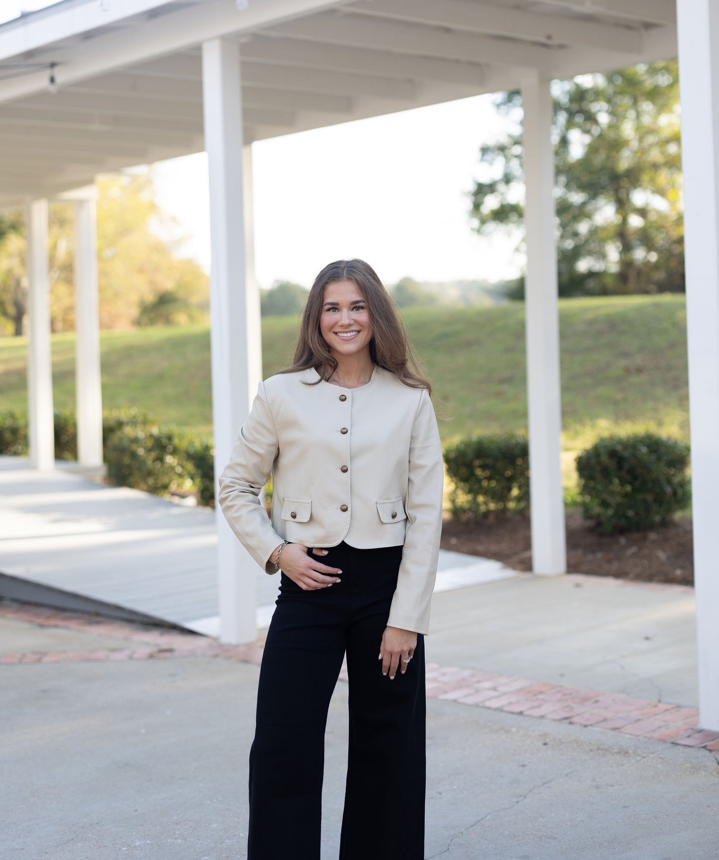 Faux Leather Button Down Jacket - Sand