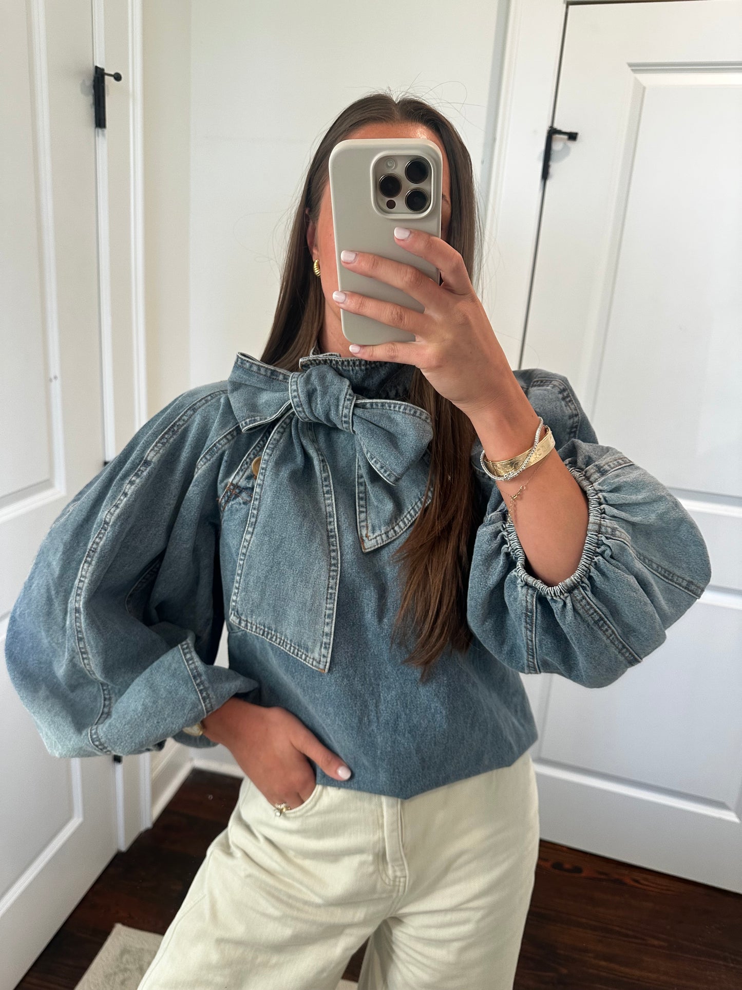 High Neck Denim Blouse w Detachable Bow