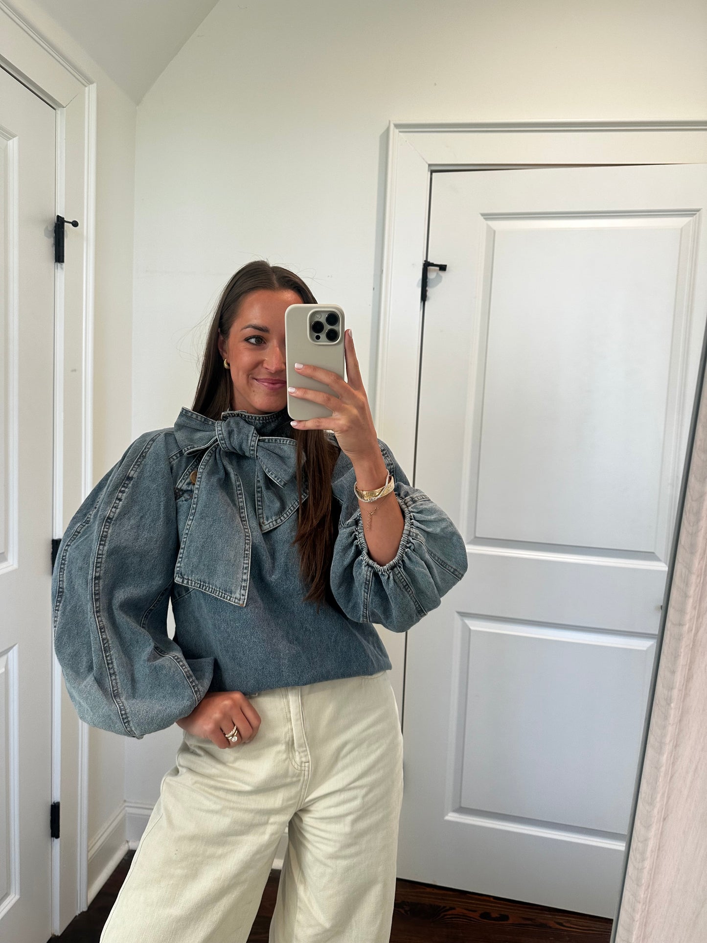 High Neck Denim Blouse w Detachable Bow