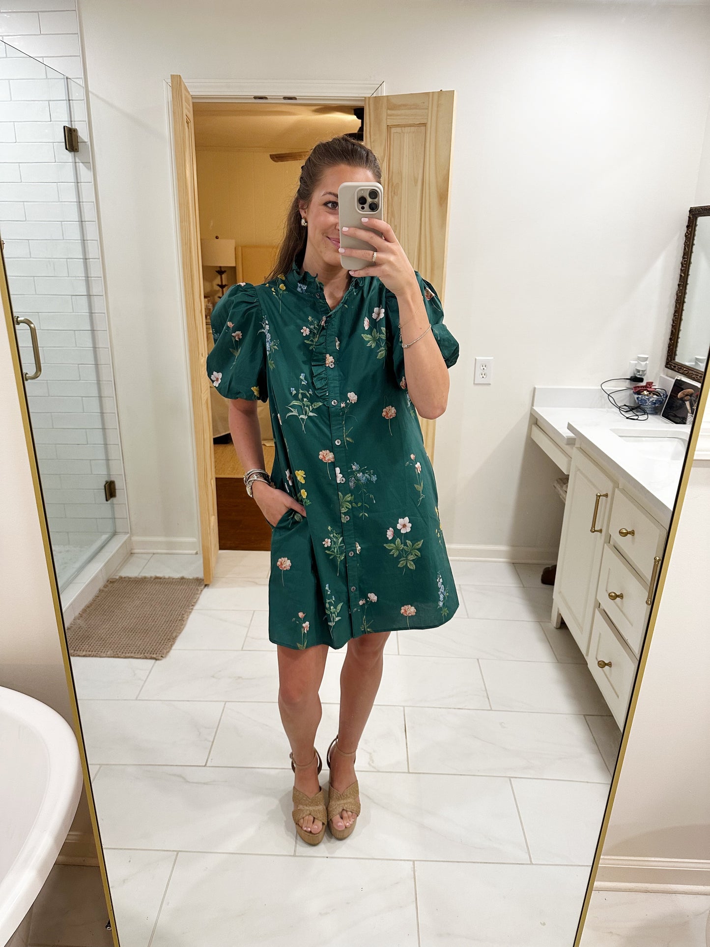 Green Floral Button Down Mini Dress