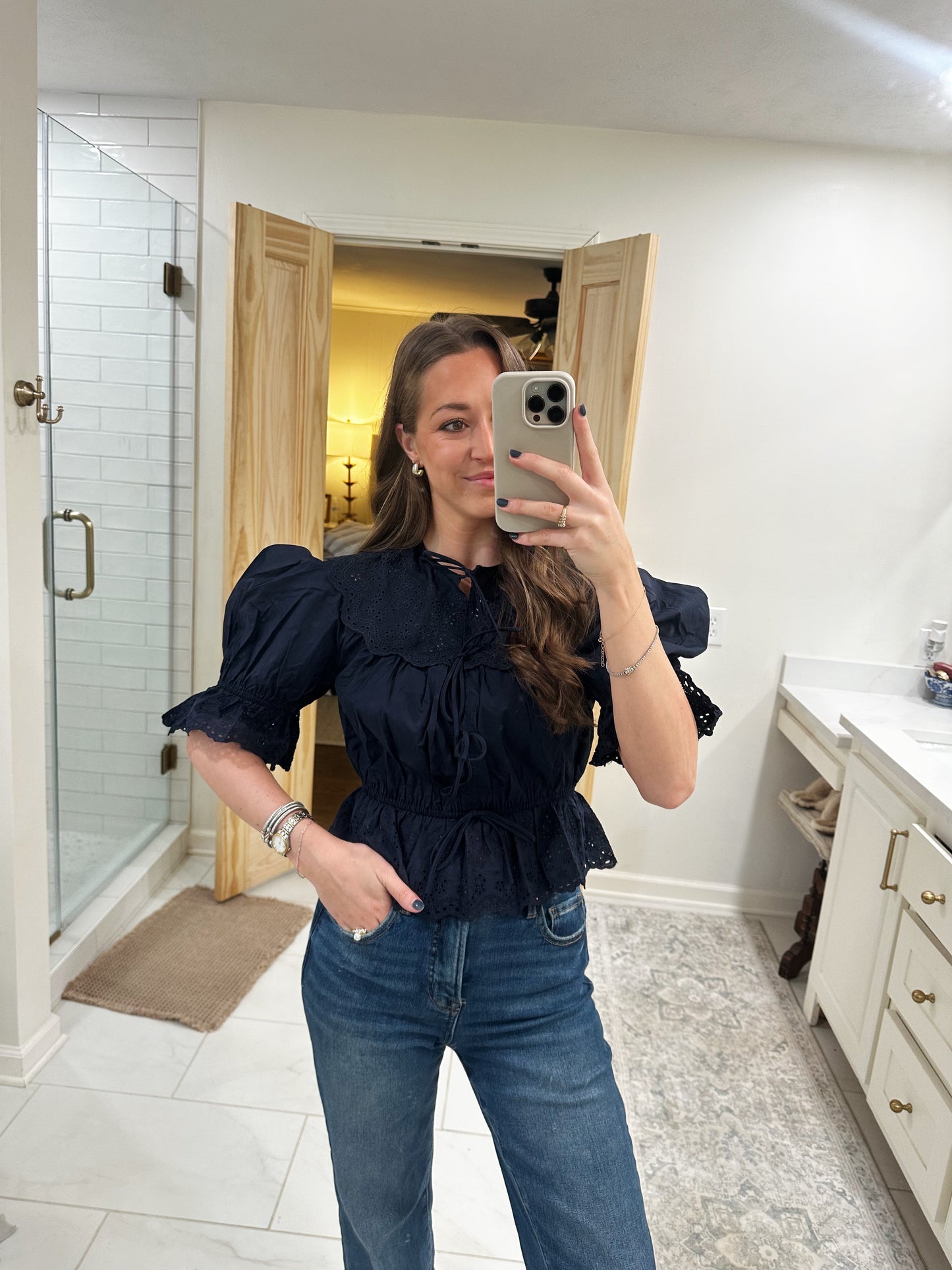Sofie Embroidered Blouse – Navy
