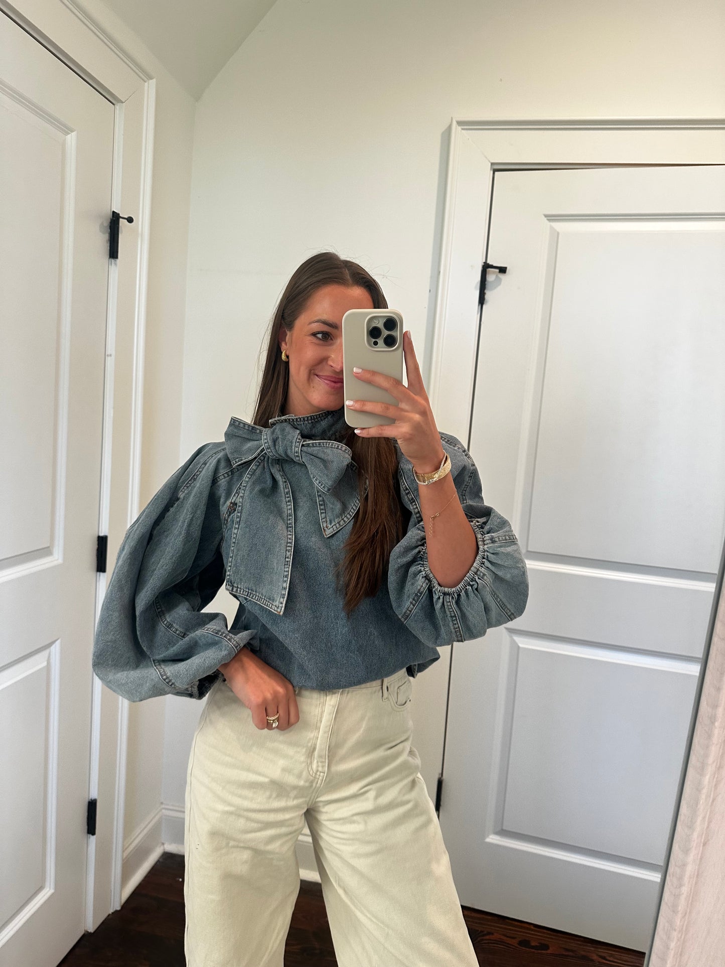 High Neck Denim Blouse w Detachable Bow