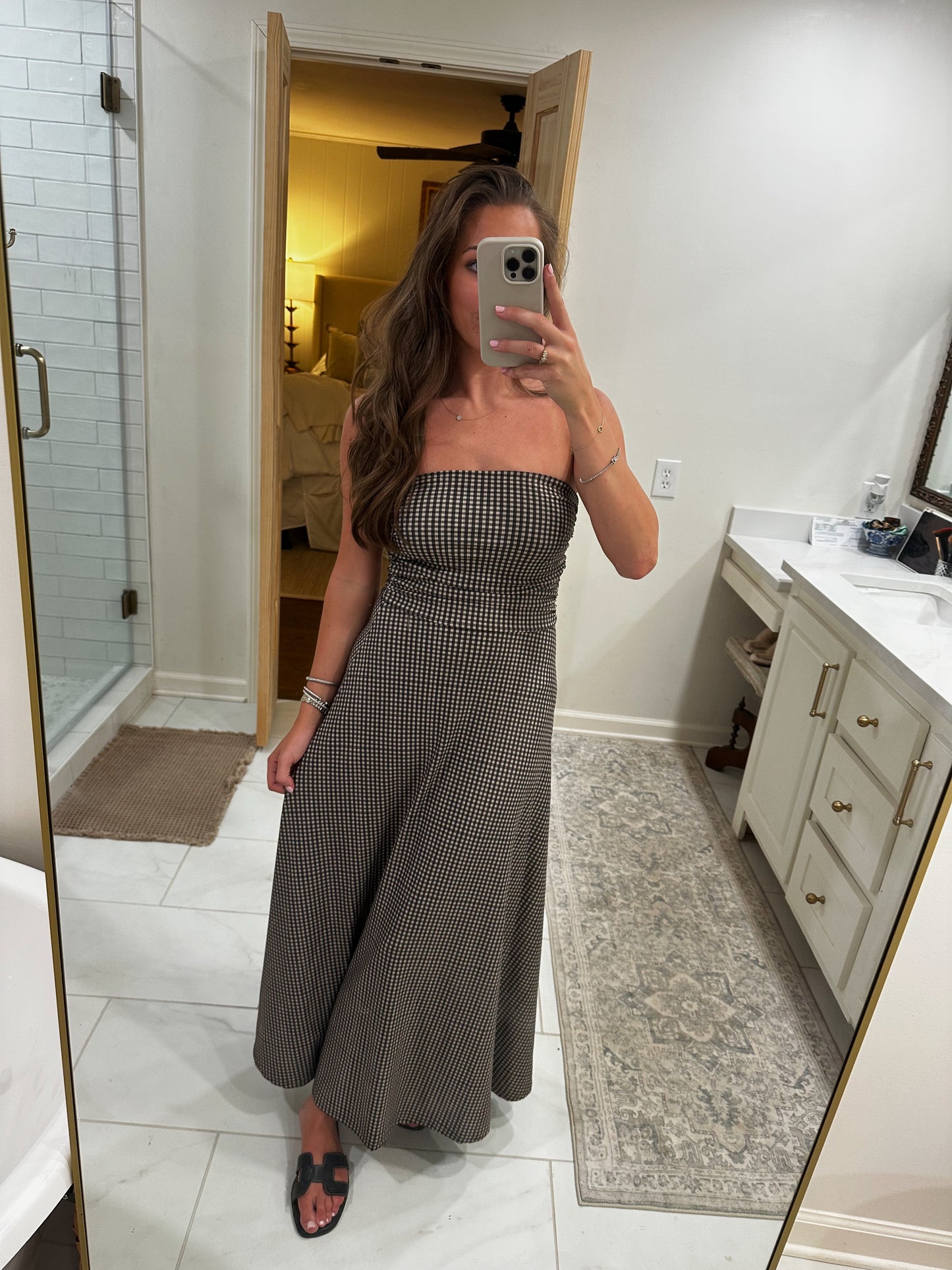 Gingham Strapless Midi Dress - Black/Beige
