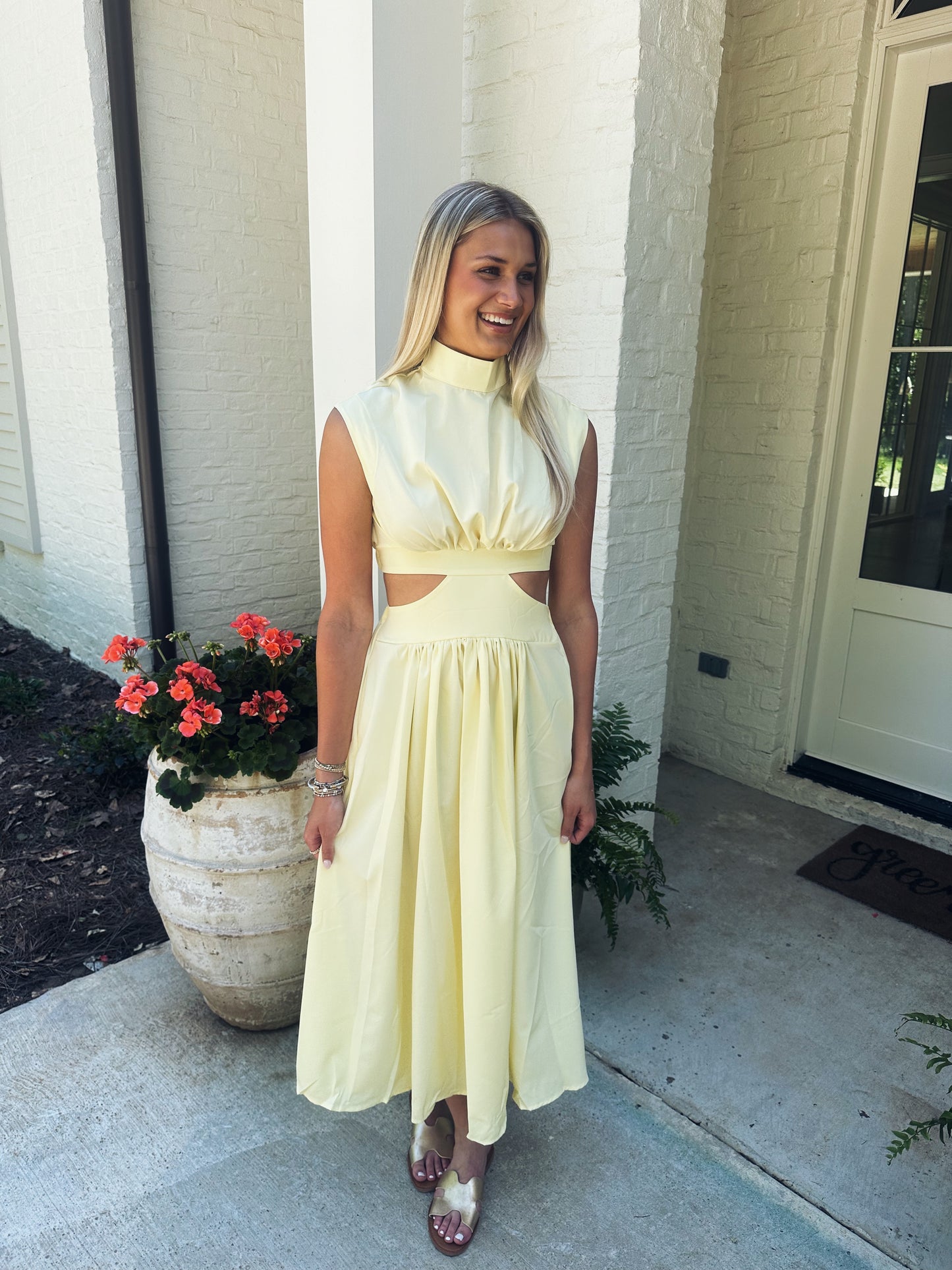 Cutout Mock Neck Dress - Yellow