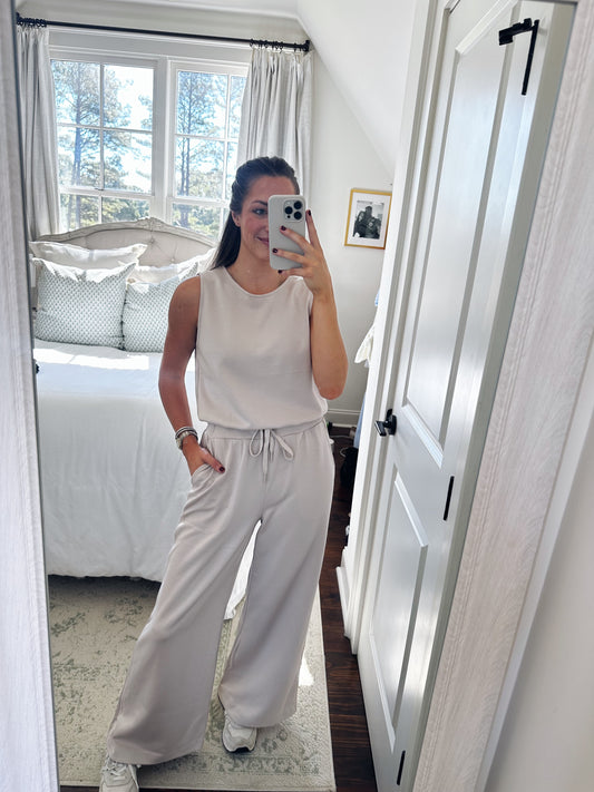 Wide Leg Scuba Jumpsuit - Bone