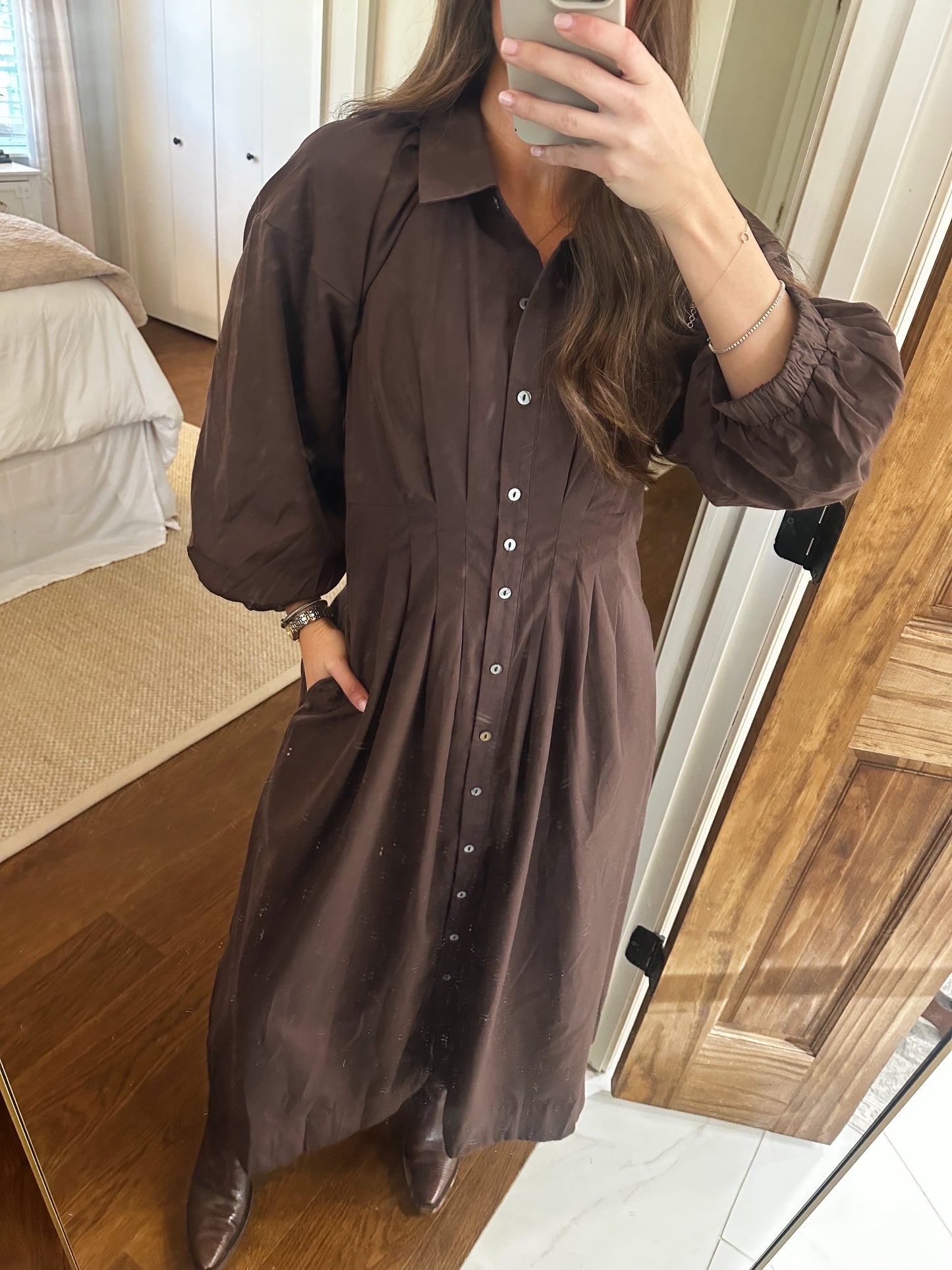 Sara Button Down Midi Dress - Brown