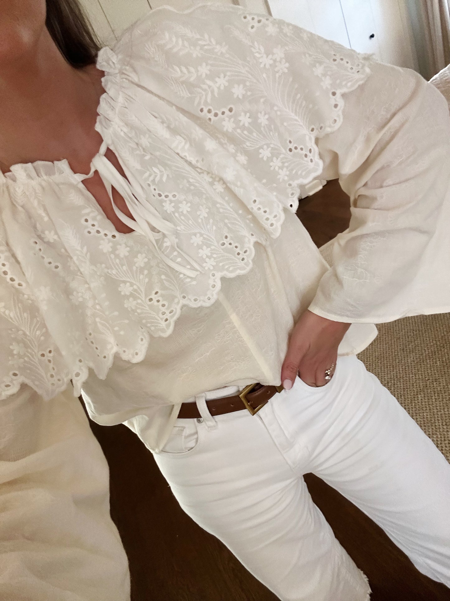 Eyelet Cape Bell Sleeve Blouse - Cream/White
