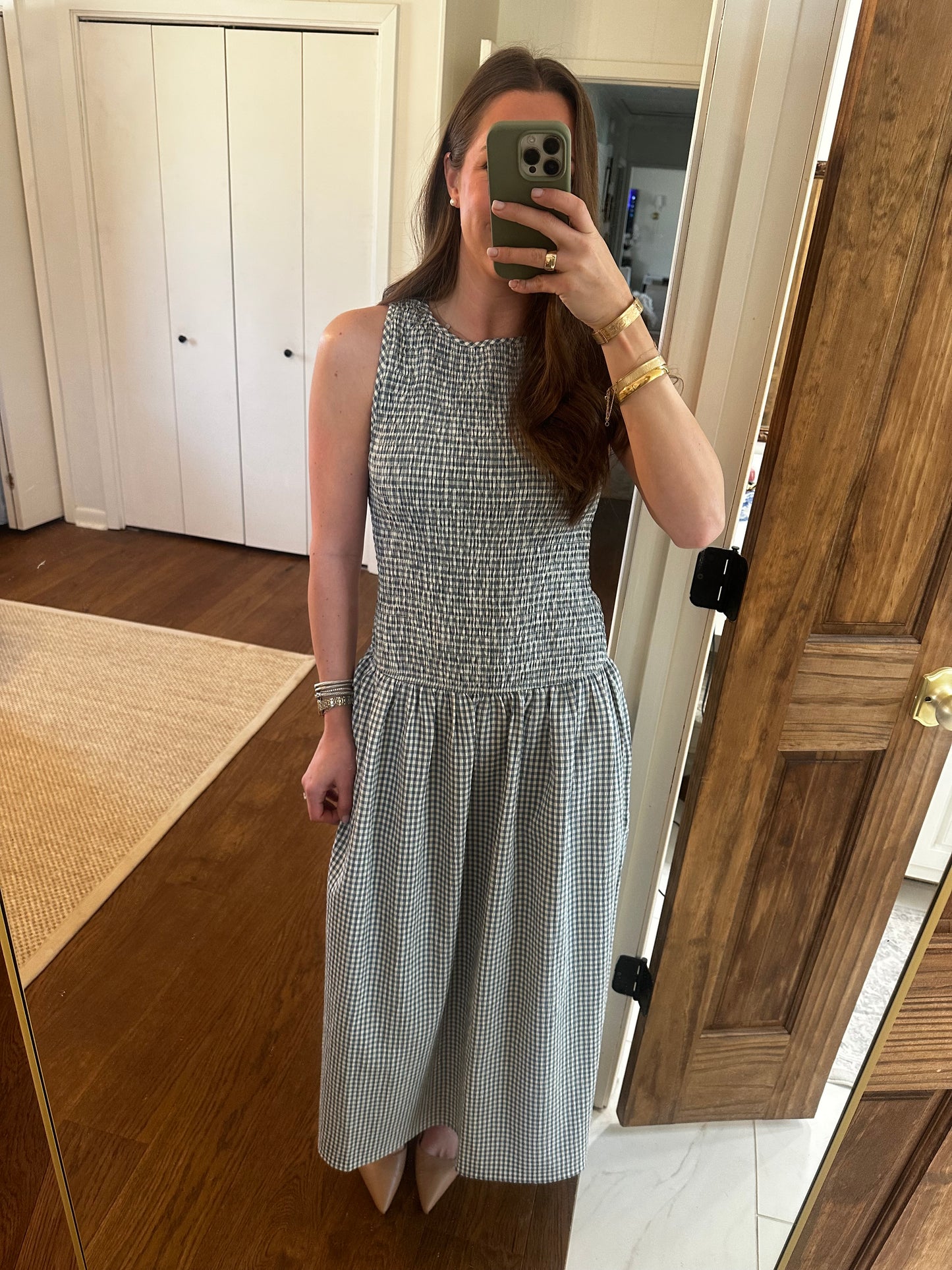 Gingham Drop Waist Maxi Dress - Blue