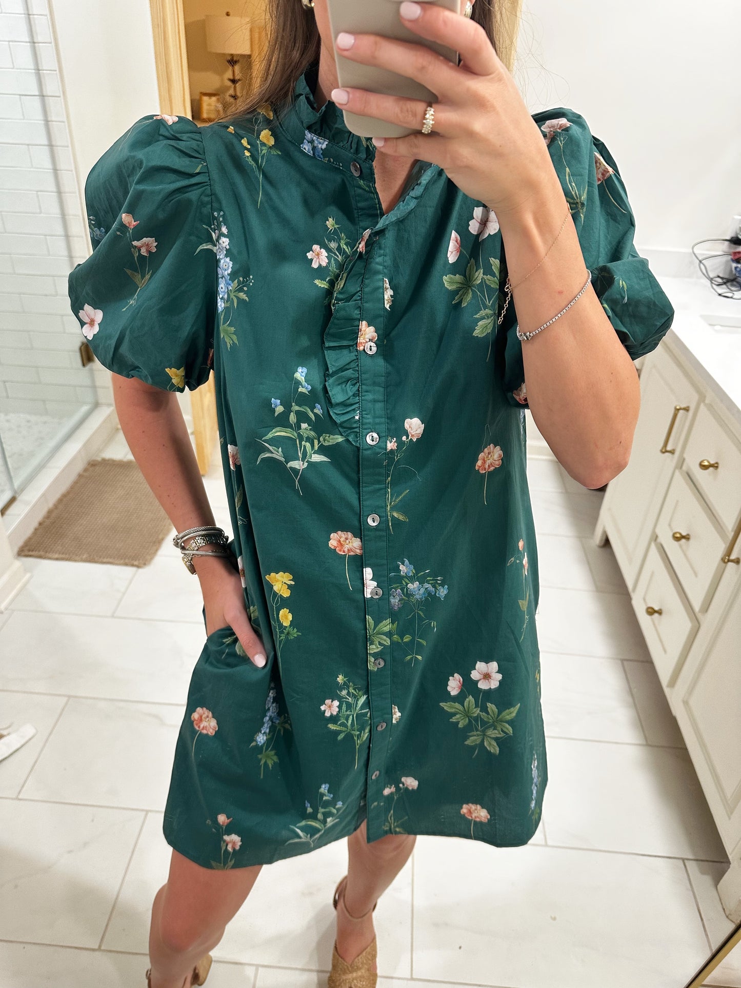 Green Floral Button Down Mini Dress