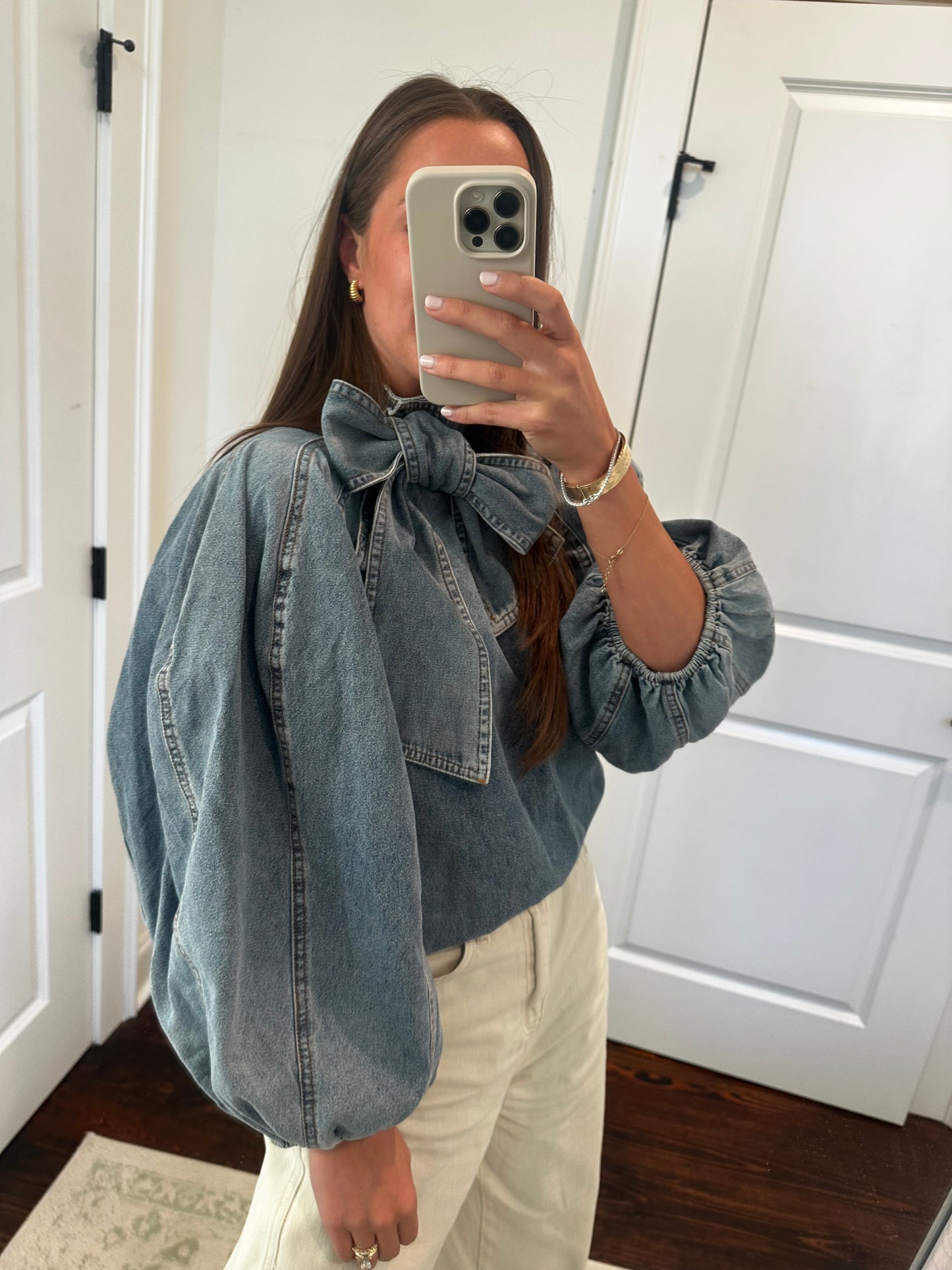 High Neck Denim Blouse w Detachable Bow