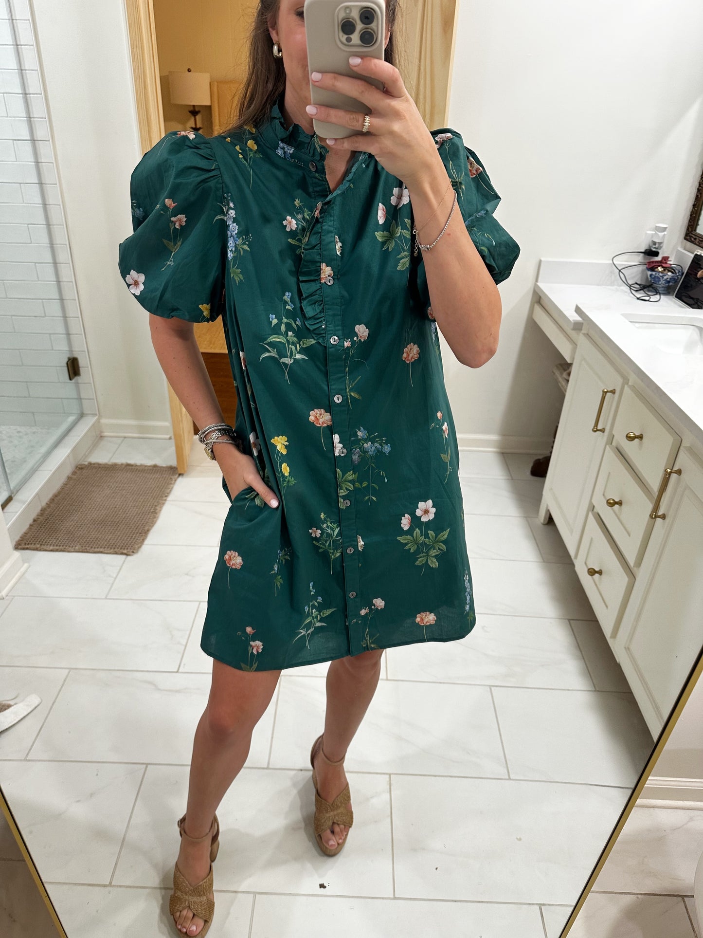 Green Floral Button Down Mini Dress