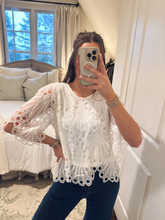 Cutout Detail Eyelet Lace Top