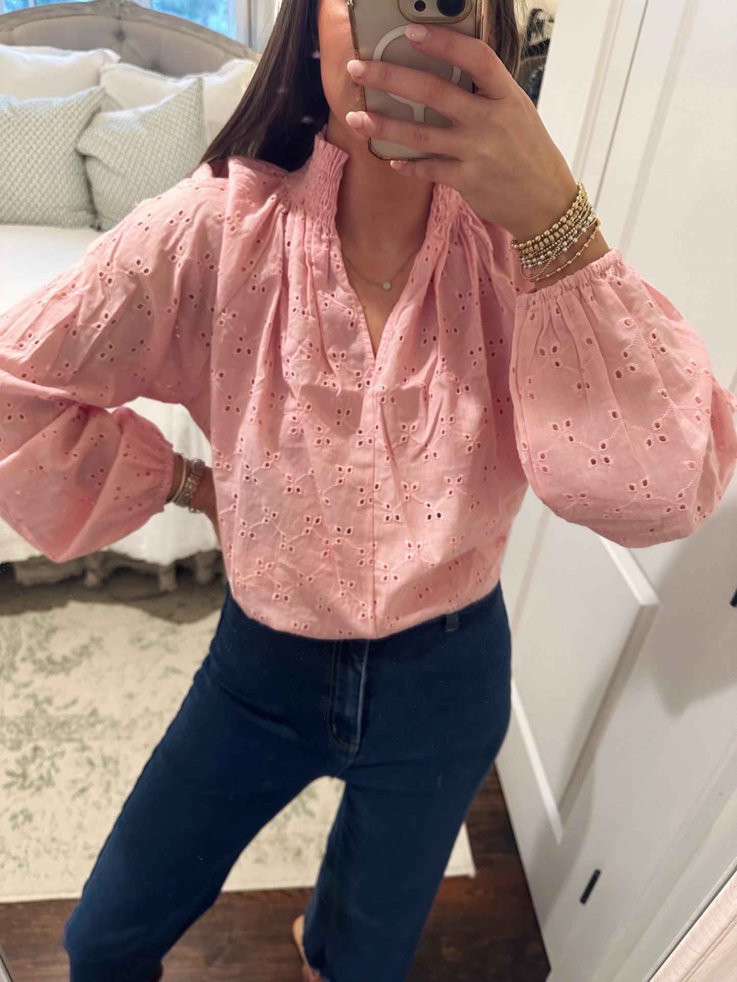 Smocked Neck Eyelet Blouse