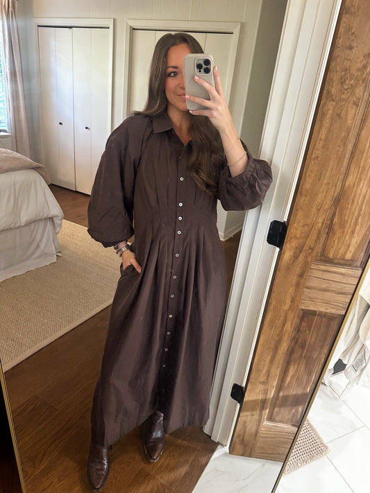 Sara Button Down Midi Dress - Brown