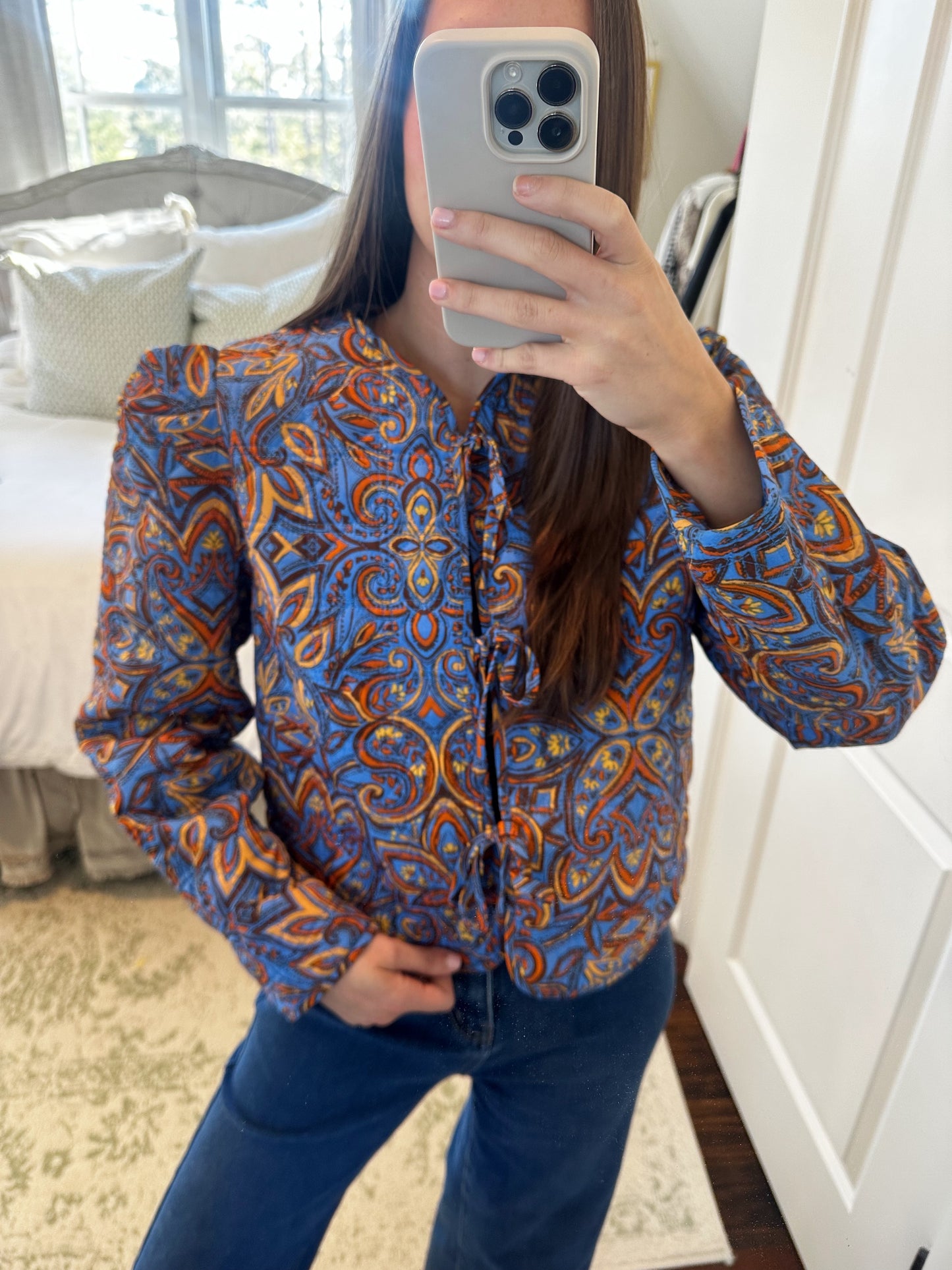 Quilted Print Jacket with Bow Tie Front