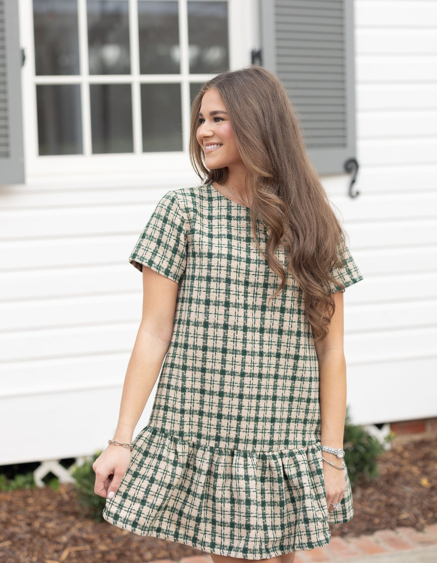 Plaid Tweed Mini Dress - Green