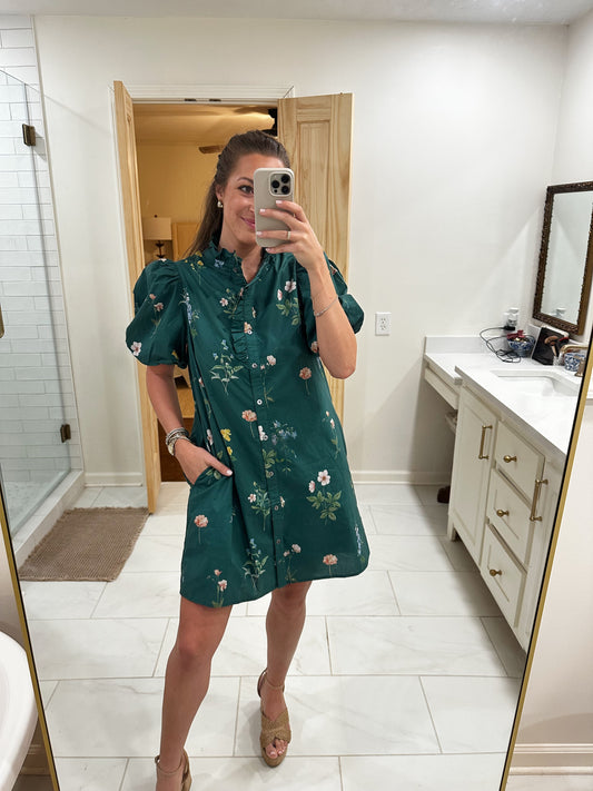 Green Floral Button Down Mini Dress