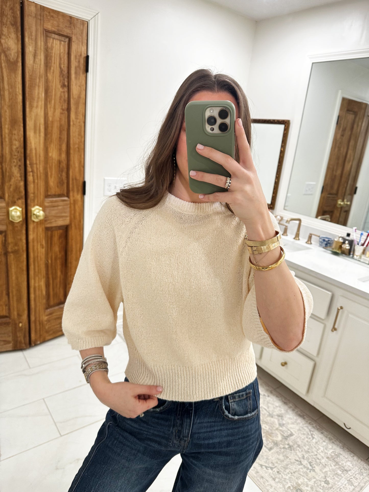 Round Neck 3/4 Sleeve Knitted Top