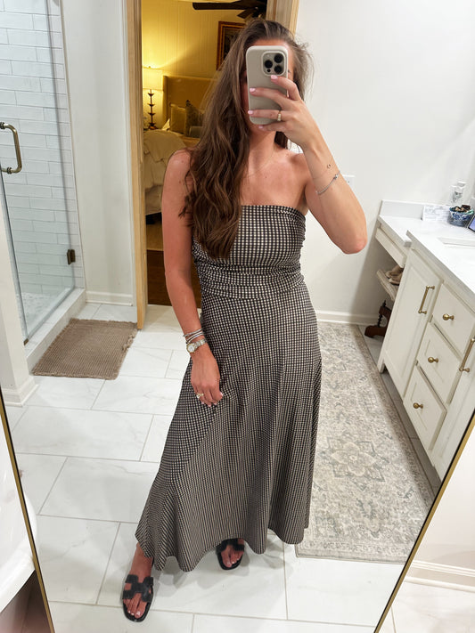 Gingham Strapless Midi Dress - Black/Beige