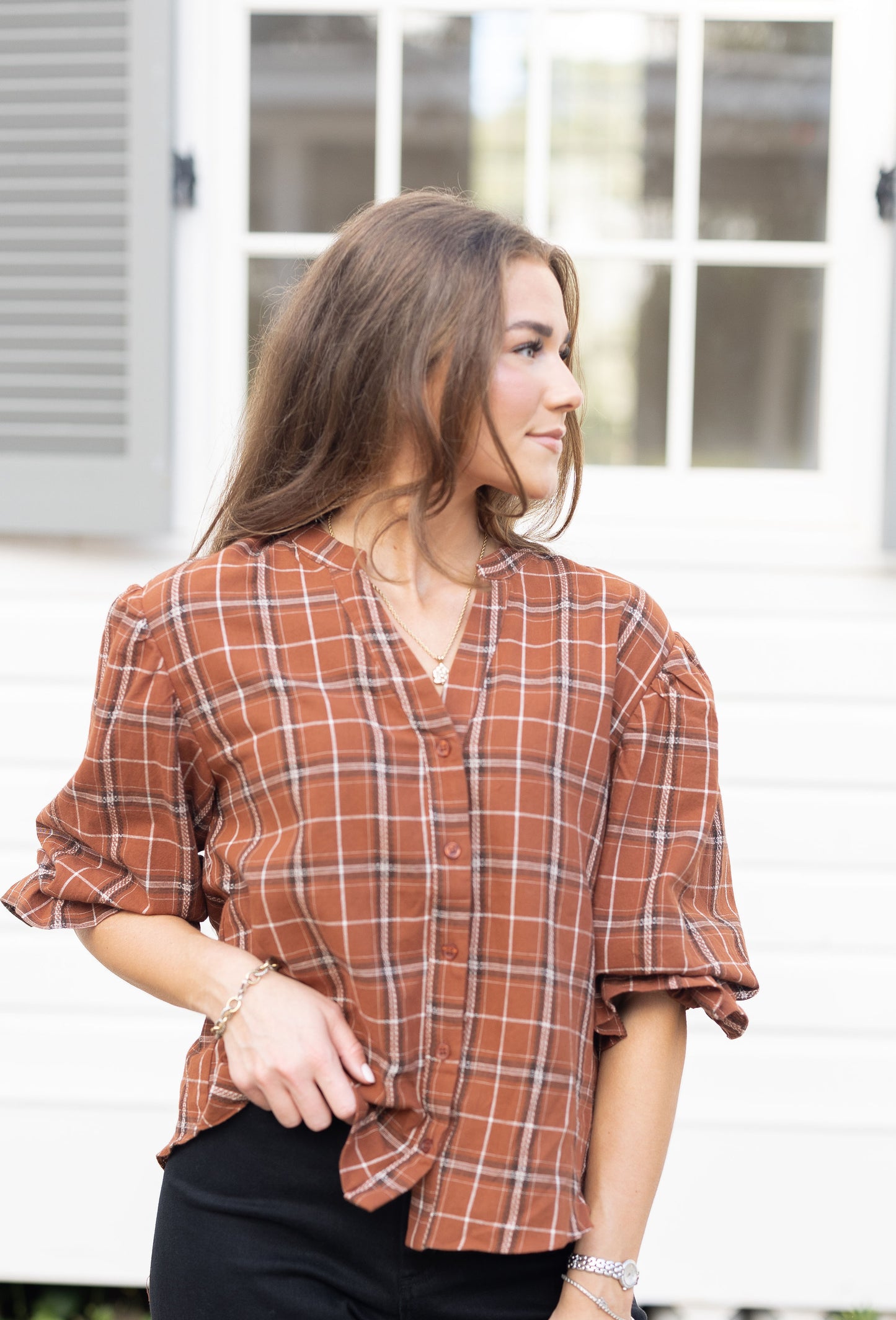 Plaid Button Down Bubble Sleeve Top