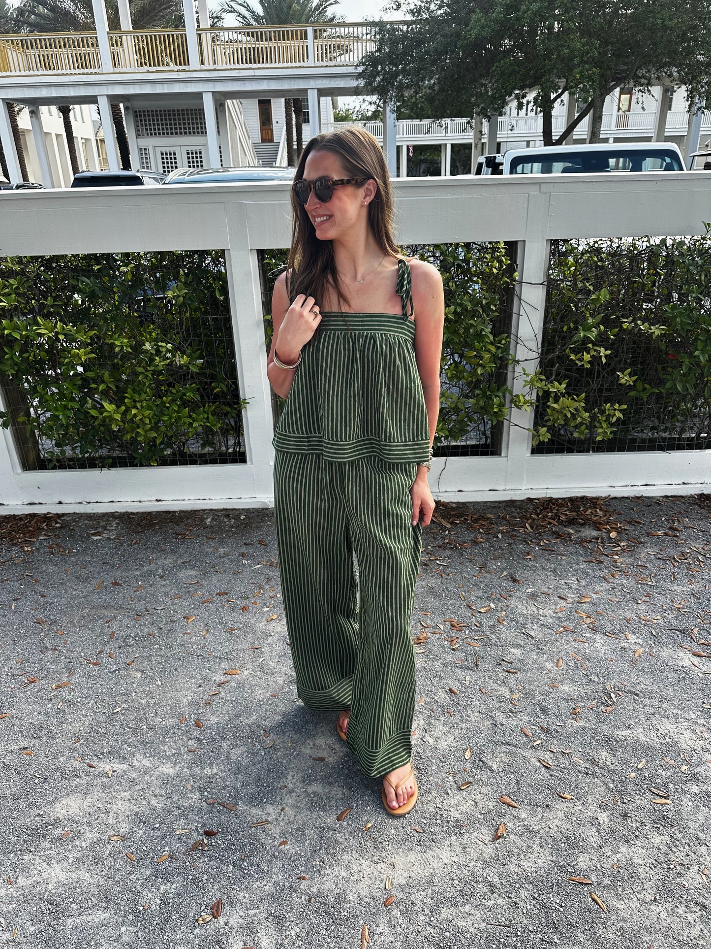 Green Striped Tank and Wide Leg Pant Set