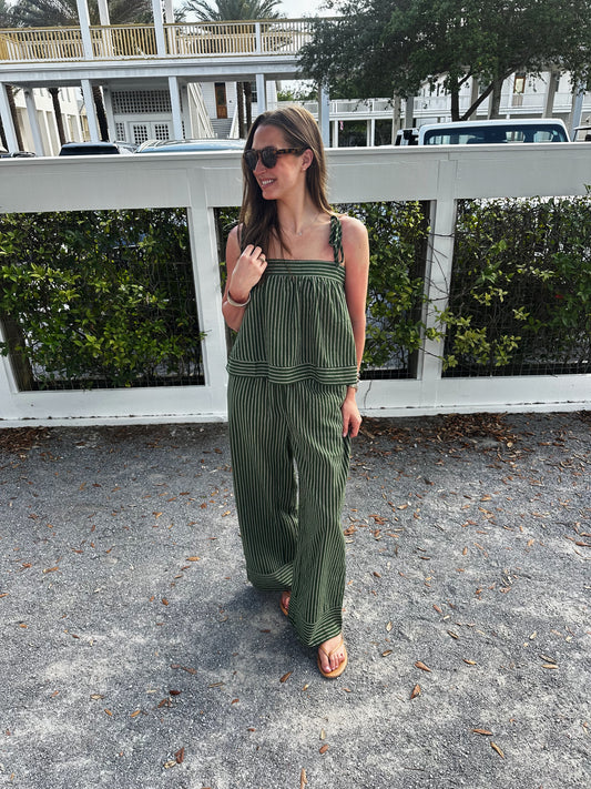 Green Striped Tank and Wide Leg Pant Set