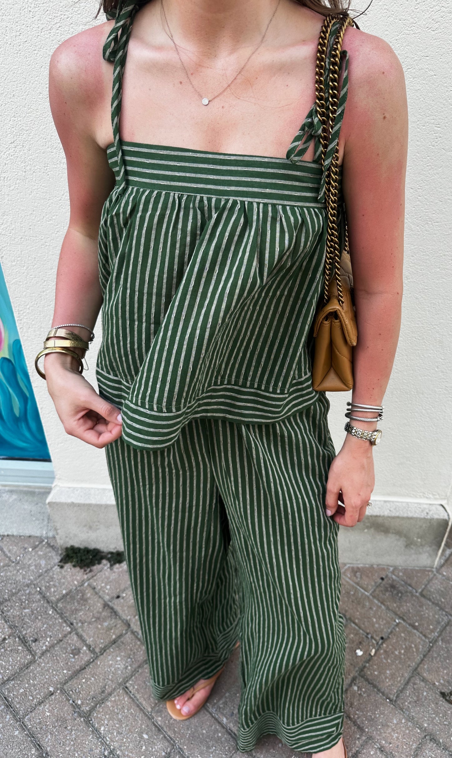 Green Striped Tank and Wide Leg Pant Set
