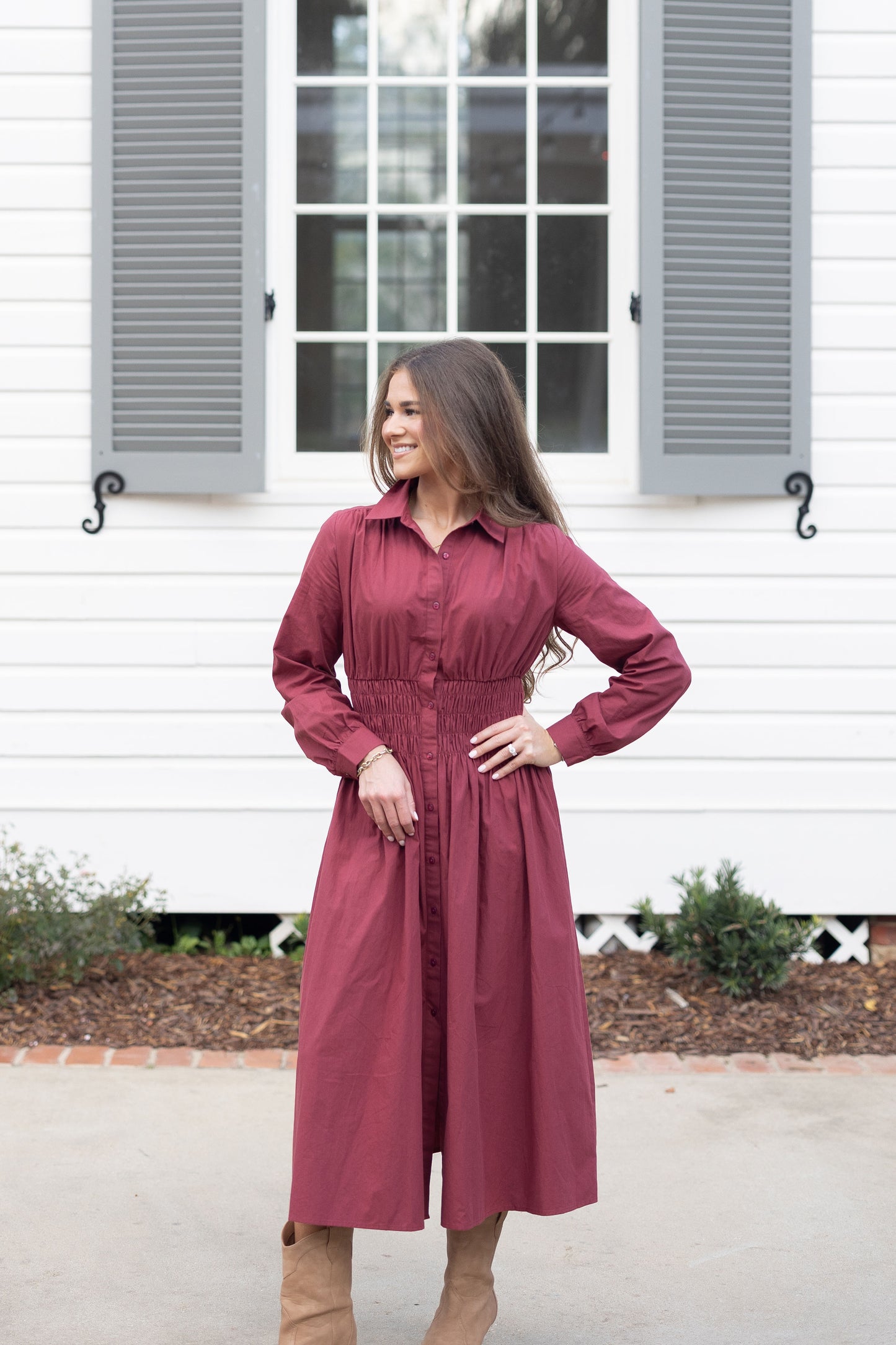 Plum Smocked Waist Shirt Dress