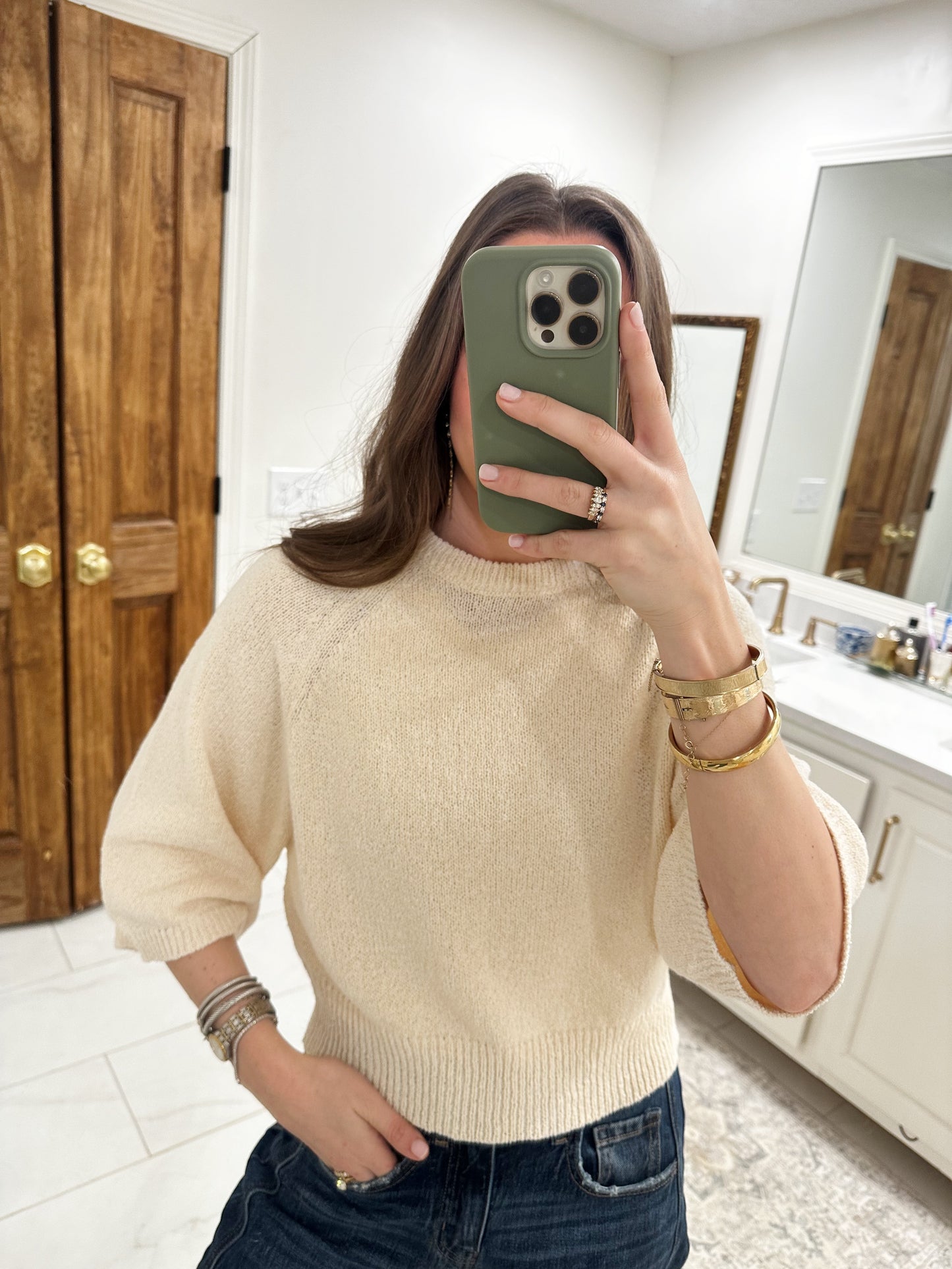 Round Neck 3/4 Sleeve Knitted Top