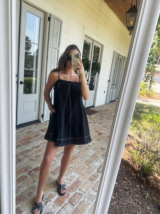 Black Shoulder Tie Mini Dress