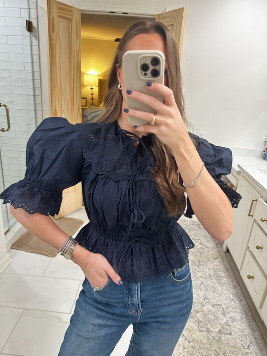 Sofie Embroidered Blouse – Navy