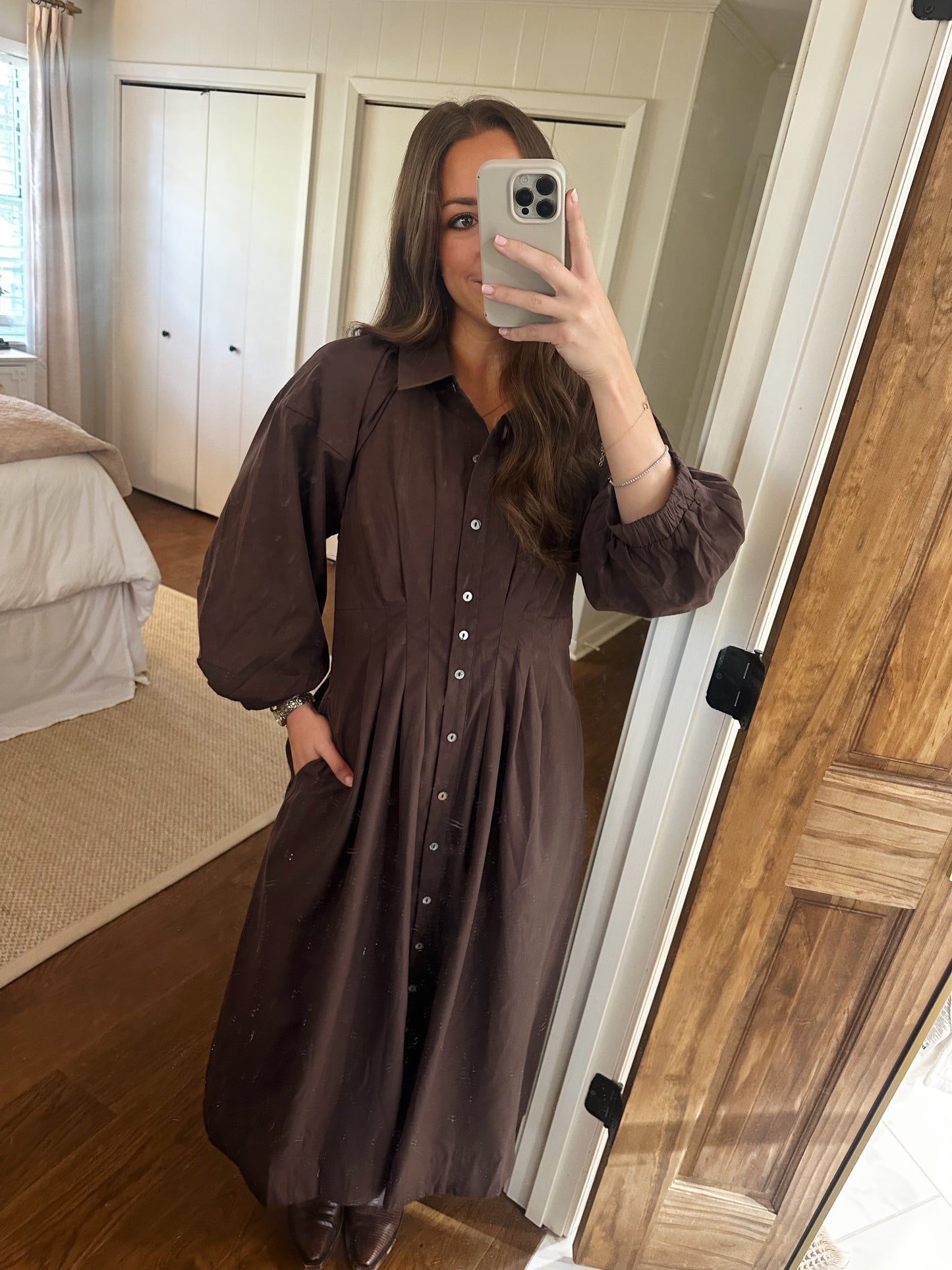 Sara Button Down Midi Dress - Brown