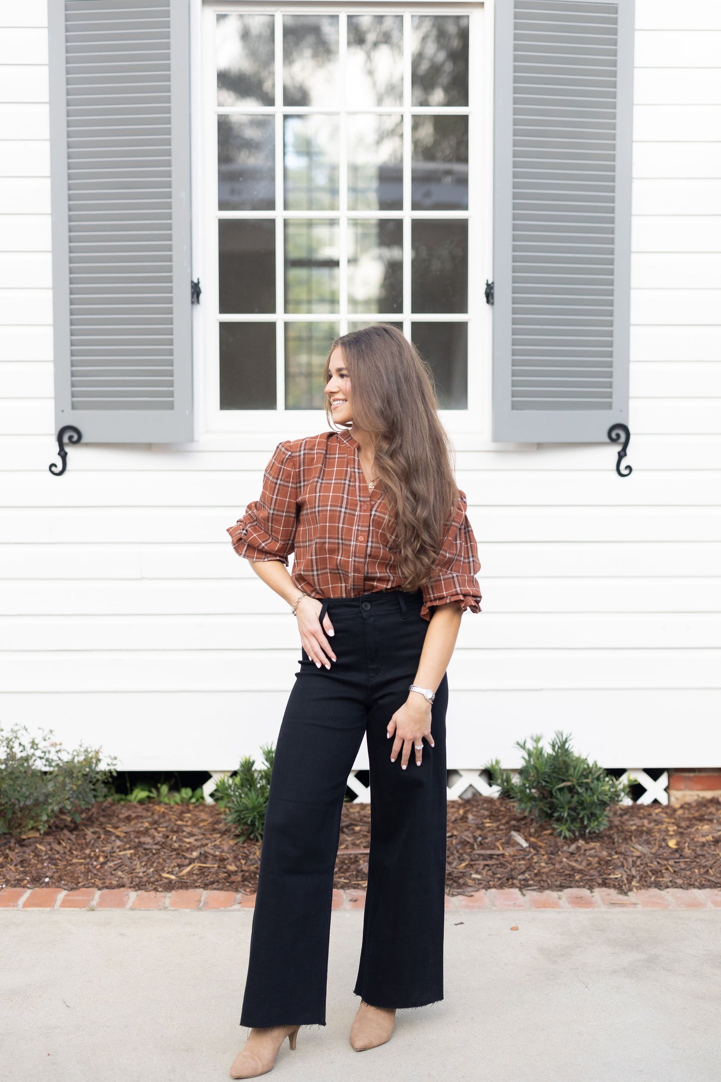 Plaid Button Down Bubble Sleeve Top