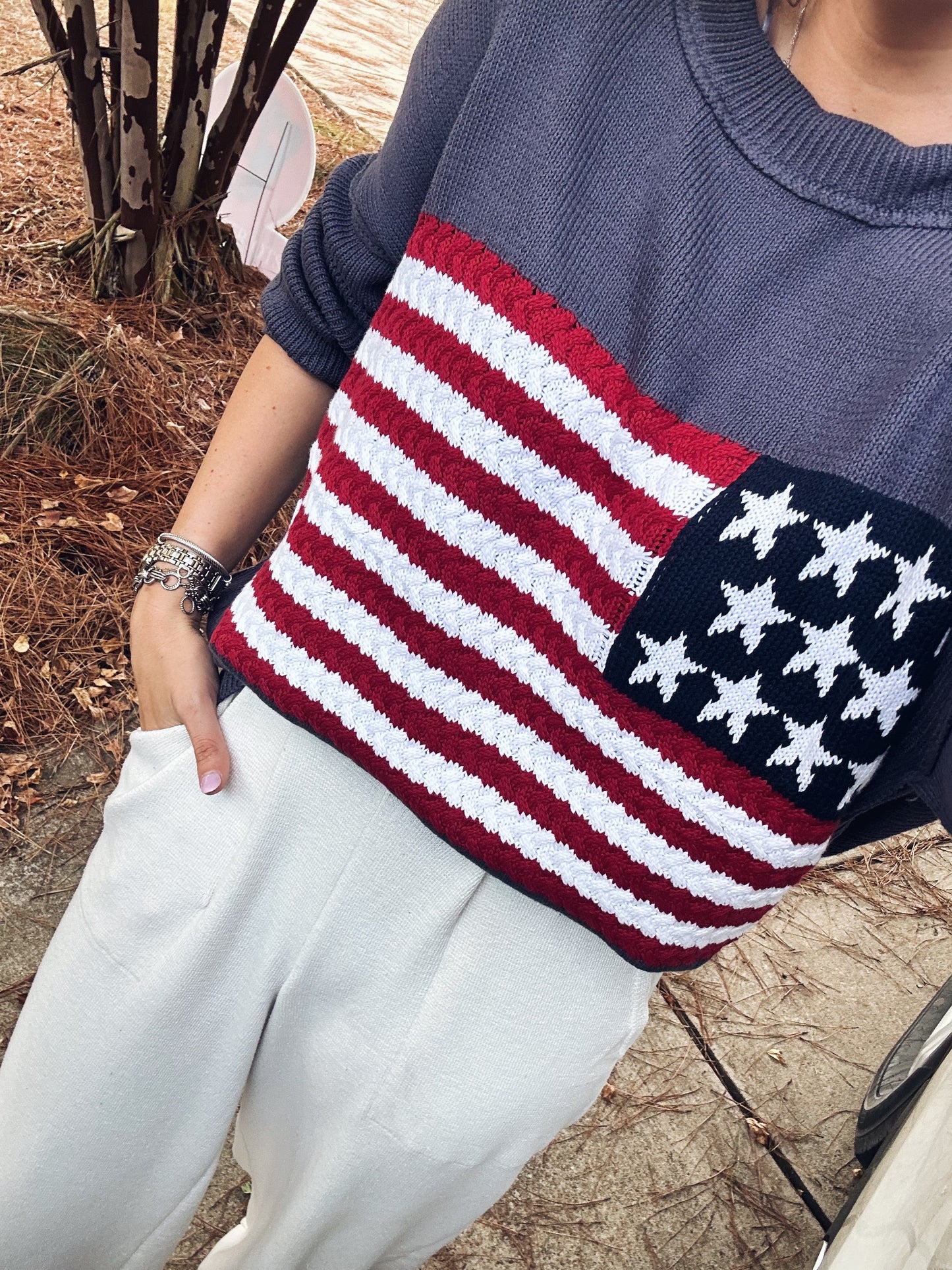 Coastal American Flag Sweater - Navy/Grey