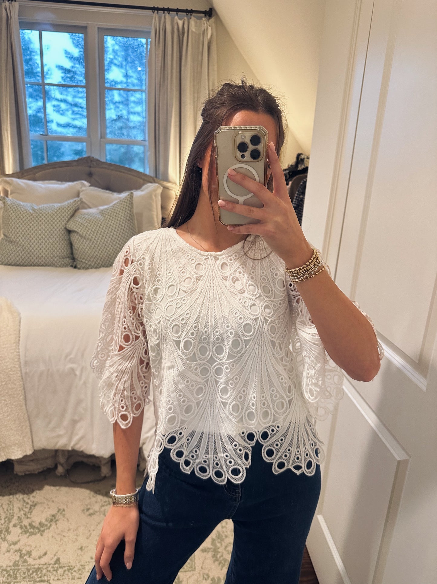 Cutout Detail Eyelet Lace Top