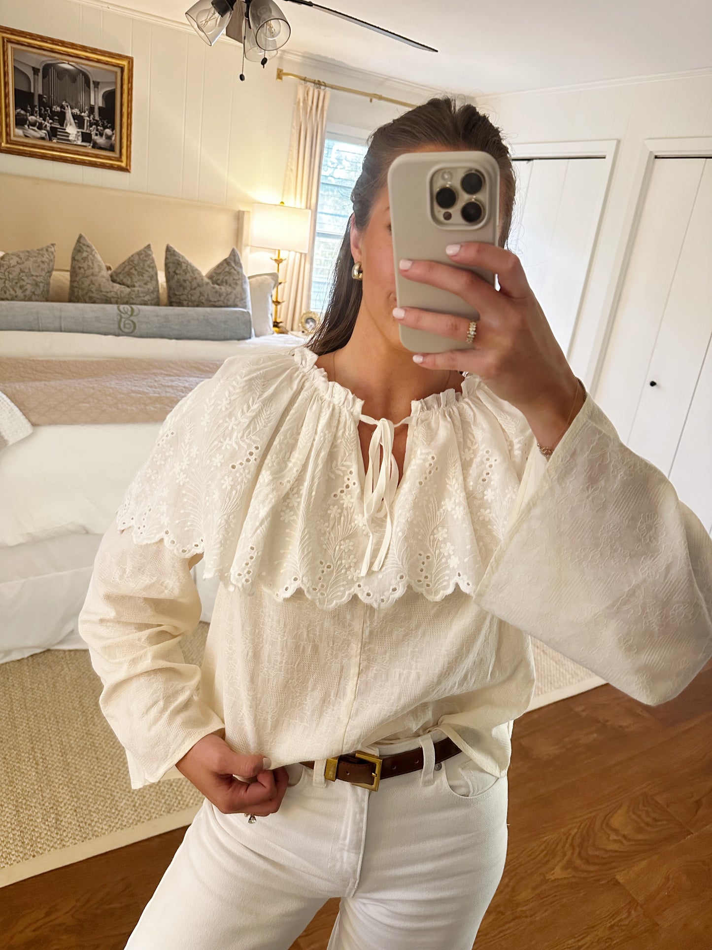 Eyelet Cape Bell Sleeve Blouse - Cream/White