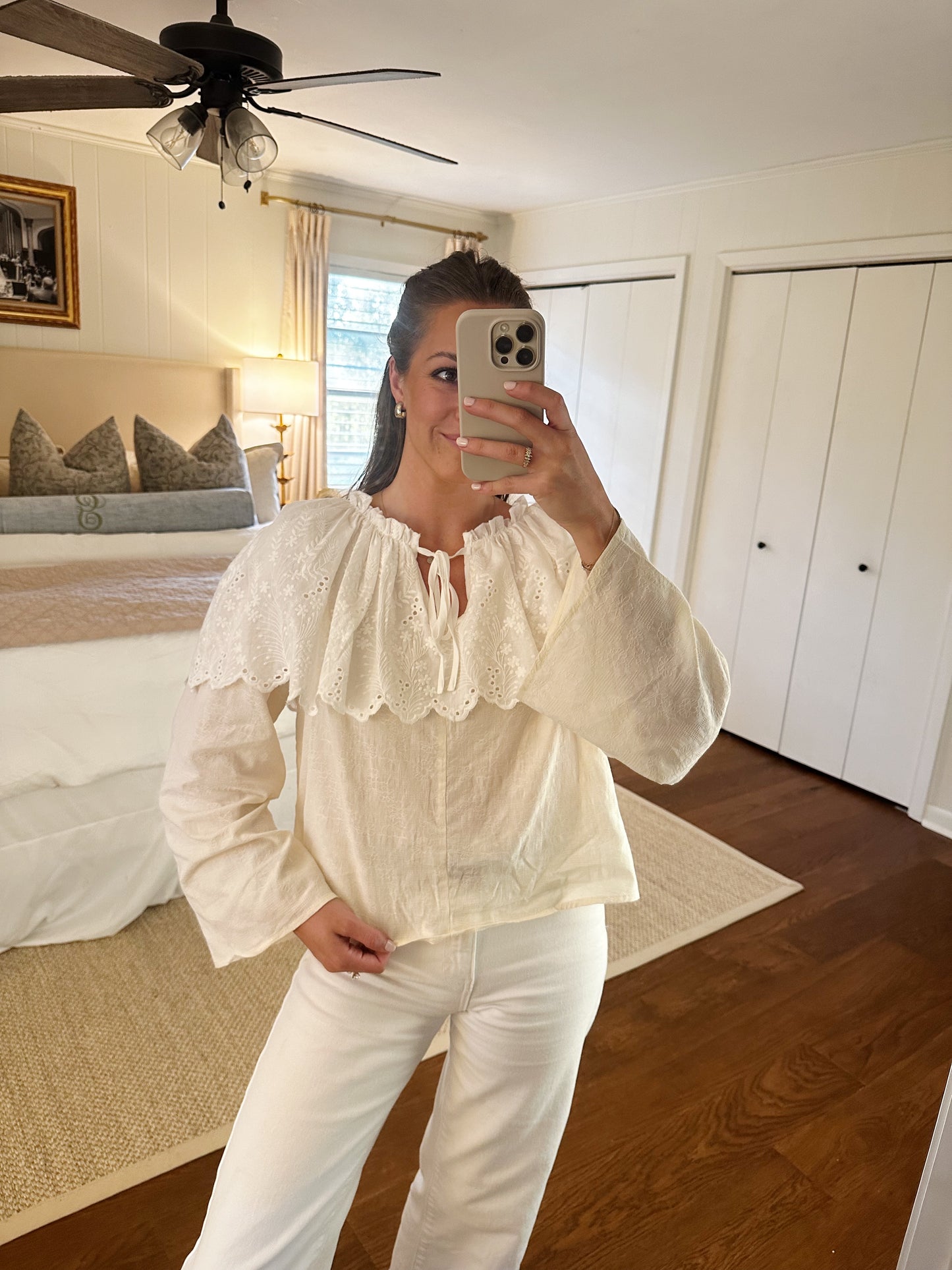 Eyelet Cape Bell Sleeve Blouse - Cream/White