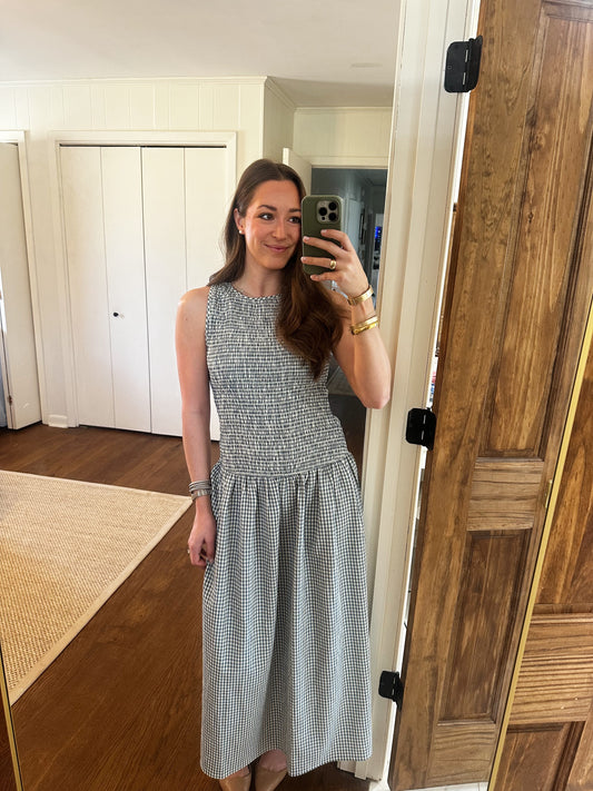 Gingham Drop Waist Maxi Dress - Blue