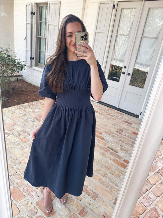 Classic Pintuck Waist Midi Dress - Navy