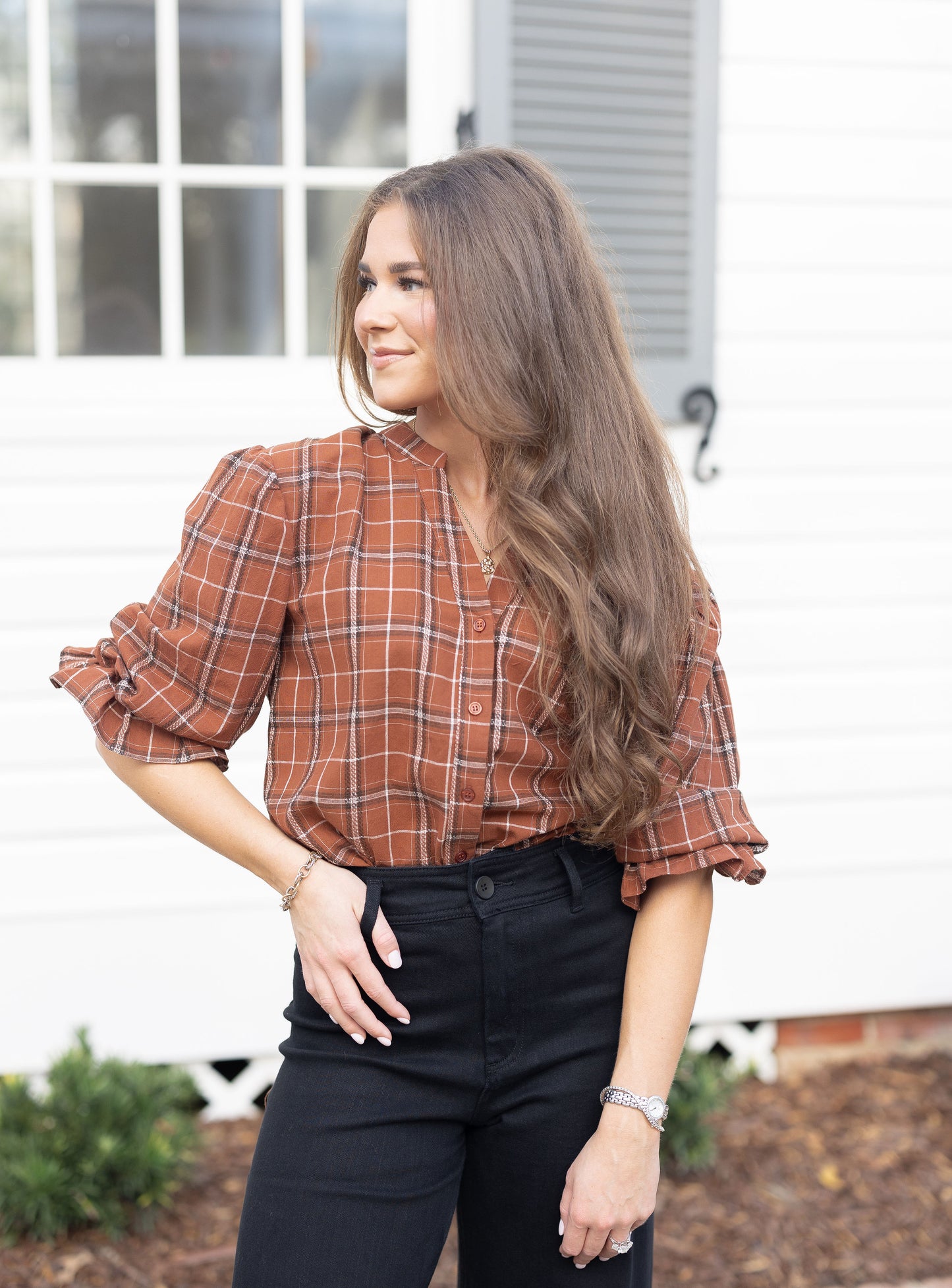 Plaid Button Down Bubble Sleeve Top