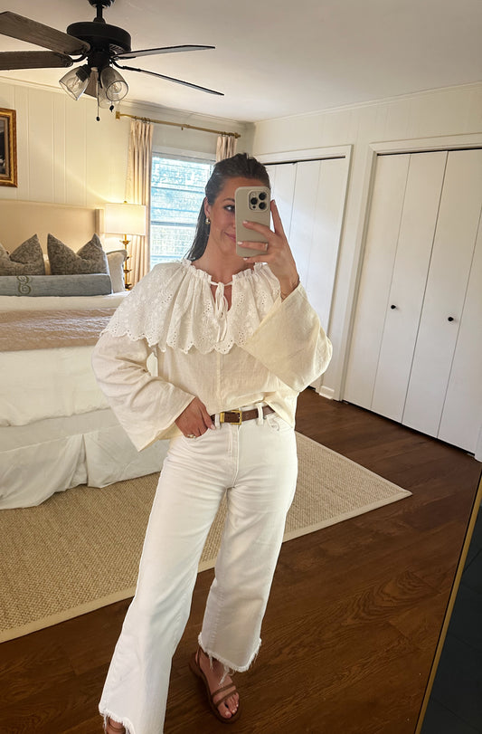 Eyelet Cape Bell Sleeve Blouse - Cream/White