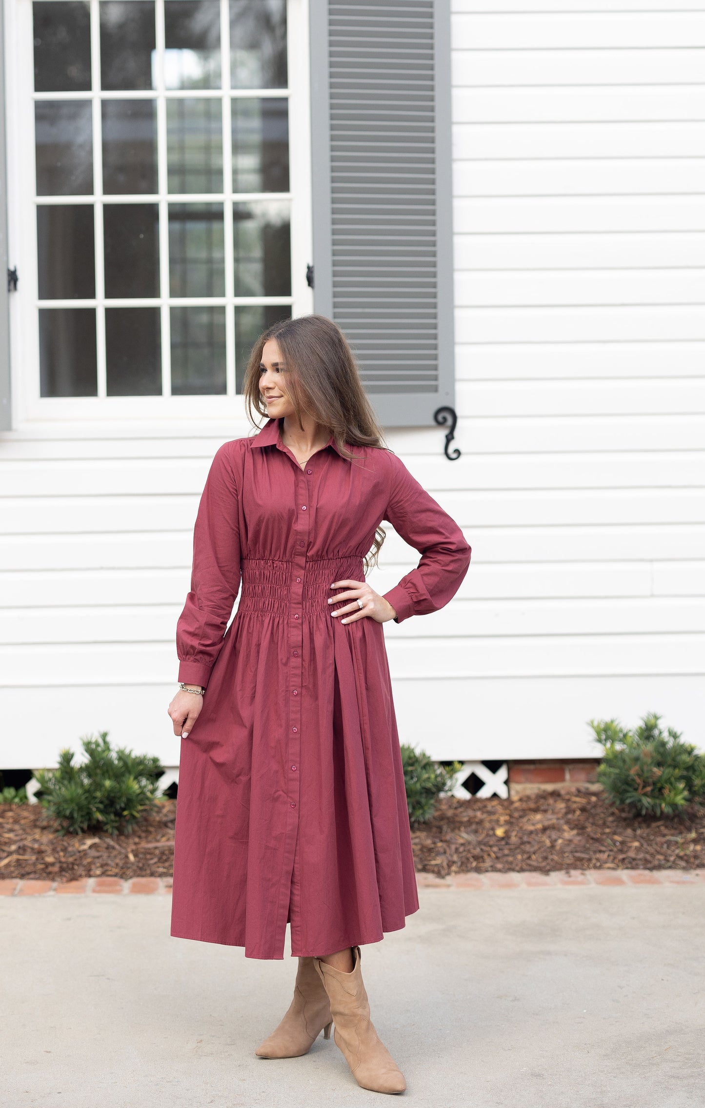 Plum Smocked Waist Shirt Dress