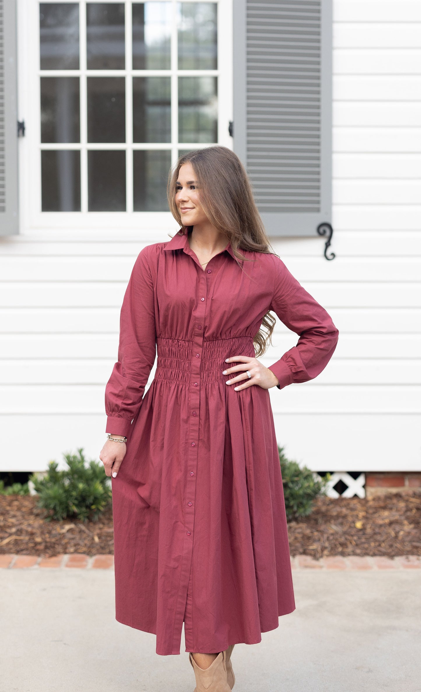 Plum Smocked Waist Shirt Dress